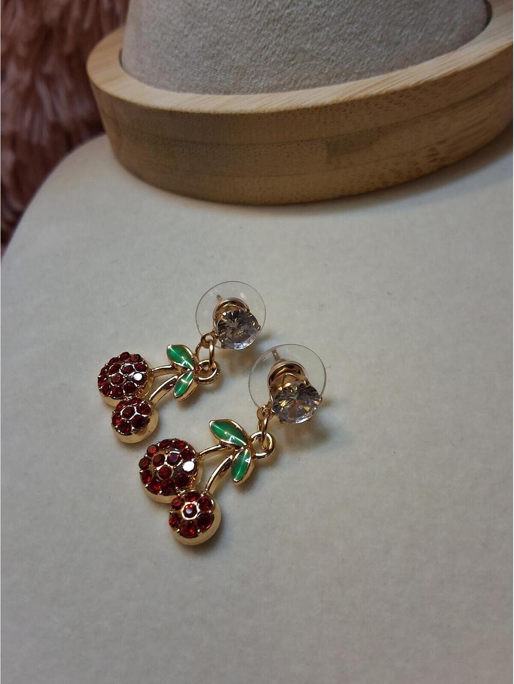 CHERRY POST AND DANGLE EARRING GOLD FASHION RED SMALL RHINESTONE 3